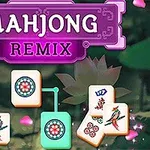 Fialový nápis Mahjong Remix nadmahá špeciálne ozdobené mahjong kocky na tmavom pozadí s ružovými lístkami