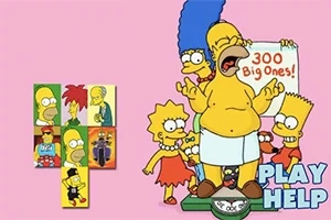 Homer Simpson stojí na váhe, zatiaľ čo rodina ho povzbudzuje, na ružovom pozadí s nápisom 300 Big Ones a nápismi PLAY a HELP v pravom dolnom rohu