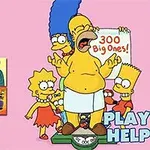 Homer Simpson stojí na váhe, zatiaľ čo rodina ho povzbudzuje, na ružovom pozadí s nápisom 300 Big Ones a nápismi PLAY a HELP v pravom dolnom rohu