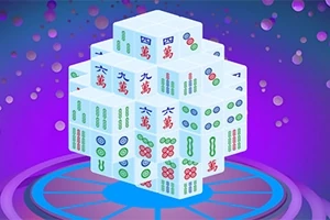 3D kocka zložená z mahjongových kameňov s čínskymi znakmi a symbolmi na farebnom pozadí