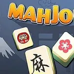 Text „MAHJONG“ nad tromi kameňmi s orientálnymi symbolmi na modrom pozadí