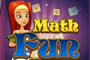 Červenovlasá žena s knihou stojí za nápisom Math Fun na farebnom pozadí so symbolmi matematických operácií