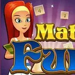Červenovlasá žena s knihou stojí za nápisom Math Fun na farebnom pozadí so symbolmi matematických operácií
