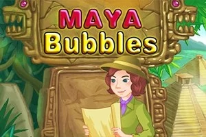 Dobrodružná postava so zeleným klobúkom a mapou pred mayským chrámom s názvom Maya Bubbles