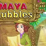 Dobrodružná postava so zeleným klobúkom a mapou pred mayským chrámom s názvom Maya Bubbles