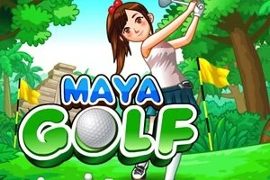 Mladá golfistka v džungli so zelenými stromami a golfovou palicou, nápis Maya Golf