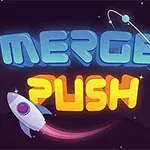 Farebný nápis „MERGE PUSH“ na tmavom pozadí so štartujúcou raketou a ozdobnou grafikou planéty
