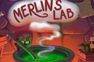 Zelený kotol tvorí paru v čarodejnickom laboratóriu s nápisom Merlins Lab nad ním