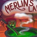 Zelený kotol tvorí paru v čarodejnickom laboratóriu s nápisom Merlins Lab nad ním
