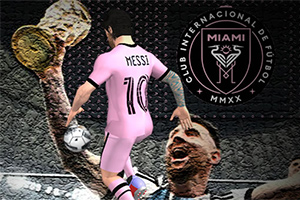 Futbalista v ružovom drese s číslom 10 a nápisom Messi na chrbte pred logom klubu Inter Miami CF a vyobrazením trofeje