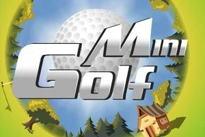 Strieborný nápis Mini Golf pred veľkou golfovou loptičkou na klárovej pozadí s prírodnými prvkami a malým domčekom
