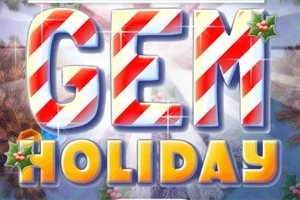 Veľké písmená GEM HOLIDAY vo vianočnom štýle s cukríkovými pruhmi a dekoráciami cesmíny