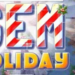 Veľké písmená GEM HOLIDAY vo vianočnom štýle s cukríkovými pruhmi a dekoráciami cesmíny