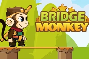 Opica so zlatou palicou stojí na drevenom moste pred nápisom Bridge Monkey s tromi hviezdami na pozadí zelenej krajiny