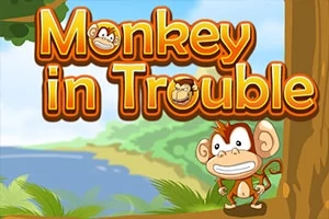 Ilustrácia usmievajúcej sa opičky pod logom Monkey in Trouble na pozadí tropickej krajiny