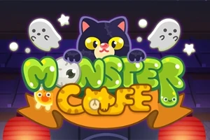 Čierna mačka s veľkými očami drží nápis MONSTER CAFE obklopená duchmi a hviezdami na temnom pozadí