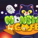 Čierna mačka s veľkými očami drží nápis MONSTER CAFE obklopená duchmi a hviezdami na temnom pozadí