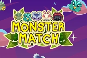 Farebné karikatúrne monštrá obklopujúce výrazný nápis „Monster Match“ na fialovom pozadí s hviezdami