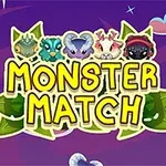 Farebné karikatúrne monštrá obklopujúce výrazný nápis „Monster Match“ na fialovom pozadí s hviezdami