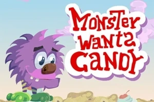 Fialový chlpatý príšerák s veľkými očami sa nachádza vedľa textu Monster Wants Candy na pestrofarebnom pozadí