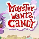 Fialový chlpatý príšerák s veľkými očami sa nachádza vedľa textu Monster Wants Candy na pestrofarebnom pozadí