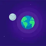 Planéta Zem so zelenými kontinentmi a šedý Mesiac na tmavomodrom pozadí s hviezdami