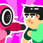 Postava v ružovom obleku s okrúhlou maskou čelí postave v zelenom svetri na ružovom pozadí