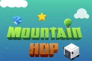 Nápis Mountain Hop s kockovanou ovcou, modrým vtákom, hviezdou a stromom na modrom pozadí s oblakmi