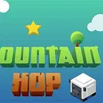 Nápis Mountain Hop s kockovanou ovcou, modrým vtákom, hviezdou a stromom na modrom pozadí s oblakmi