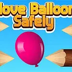 Ružový balón medzi štyrmi ostrými ceruzkami na modrom pozadí, s nápisom „Move Balloon Safely“ hore