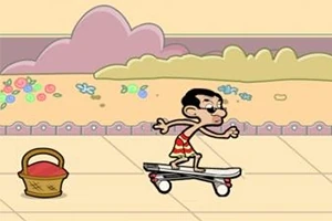 Animovaná postavička v pruhovaných plavkách jazdí na skateboarde vedľa piknikového koša na chodníku