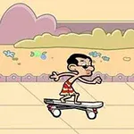 Animovaná postavička v pruhovaných plavkách jazdí na skateboarde vedľa piknikového koša na chodníku