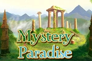 Staroveké ruiny so stĺpmi uprostred zelenej krajiny s nápisom Mystery Paradise v popredí