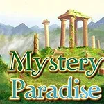 Staroveké ruiny so stĺpmi uprostred zelenej krajiny s nápisom Mystery Paradise v popredí