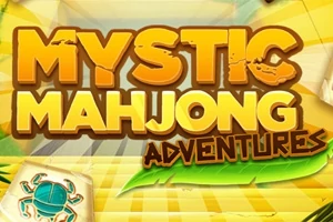 Nápis Mystic Mahjong Adventures v žlto-hnedom prevedení s dlaždicou zobrazujúcou modrého kraba na zlatom pozadí