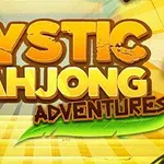 Nápis Mystic Mahjong Adventures v žlto-hnedom prevedení s dlaždicou zobrazujúcou modrého kraba na zlatom pozadí