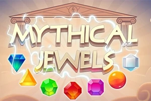 Nápis MYTHICAL JEWELS obklopený farebnými drahokamami na pozadí antického chrámu