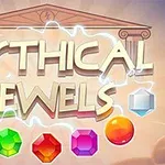 Nápis MYTHICAL JEWELS obklopený farebnými drahokamami na pozadí antického chrámu