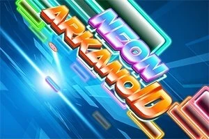 Farebný nápis NEON ARKANOID v neonovom štýle na modrom pozadí s pruhmi svetla