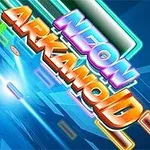 Farebný nápis NEON ARKANOID v neonovom štýle na modrom pozadí s pruhmi svetla