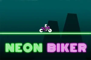 Motorka na svetielkujúcej dráhe s nápisom NEON BIKER v neónových farbách na tmavom pozadí