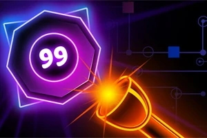 Žiariaci oranžový laser mieri na fialový objekt s číslom 99 na tmavom pozadí s geometrickými vzormi