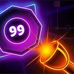 Žiariaci oranžový laser mieri na fialový objekt s číslom 99 na tmavom pozadí s geometrickými vzormi