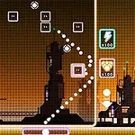 Retro futuristická grafika s geometrickými tvarmi a siluetami mrakodrapov na pozadí