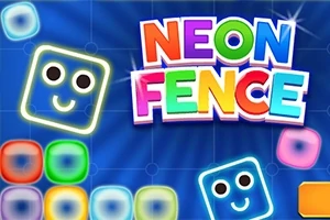Farebné svietiace štvorčeky s úsmevmi na modrom pozadí s nápisom Neon Fence