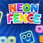 Farebné svietiace štvorčeky s úsmevmi na modrom pozadí s nápisom Neon Fence