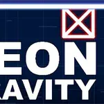 Nápis NEON GRAVITY na tmavom pozadí s modrým a červeným neonovým symbolom