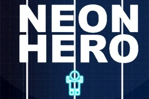 Nápis Neon Hero v bielom písmene na tmavomodrom pozadí s neónovou postavičkou pod textom