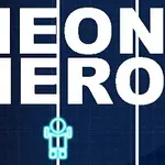 Nápis Neon Hero v bielom písmene na tmavomodrom pozadí s neónovou postavičkou pod textom