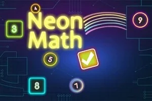 Farebný neonový nápis Neon Math s číslami v kruhoch a štvorcoch na modrom pozadí